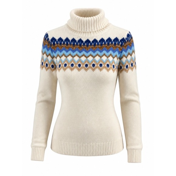 Lands' End Sweaters - Lands End Fair Isle Turtleneck Sweater Ivory Blue Cotton Blend L 14-16 Nordic